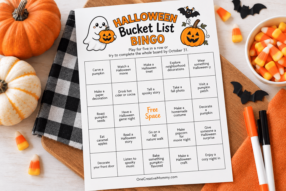 Free printable Halloween Bucket List Bingo game displayed with pumpkins, candy corn, and markers.