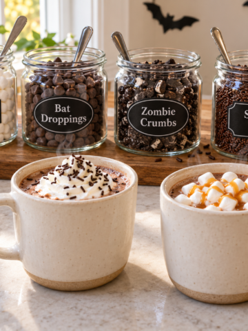 Halloween hot chocolate bar with cocoa mugs, marshmallows, chocolate chips, crushed cookies, and spooky topping labels.