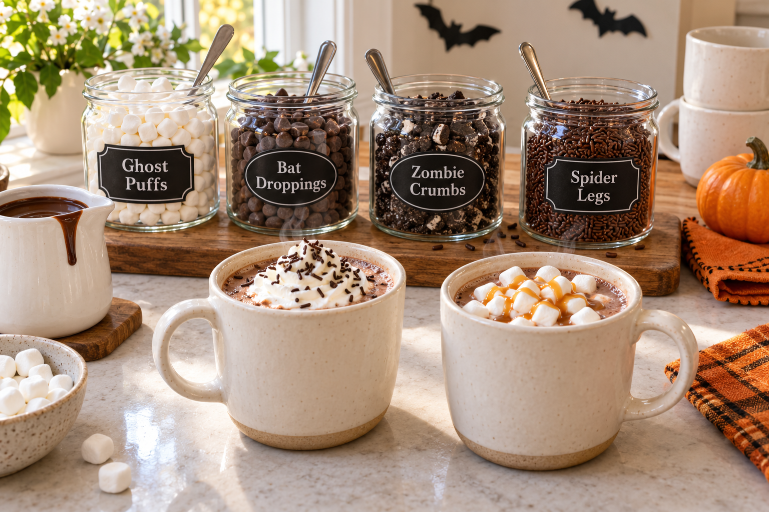 Halloween hot chocolate bar with cocoa mugs, marshmallows, chocolate chips, crushed cookies, and spooky topping labels.