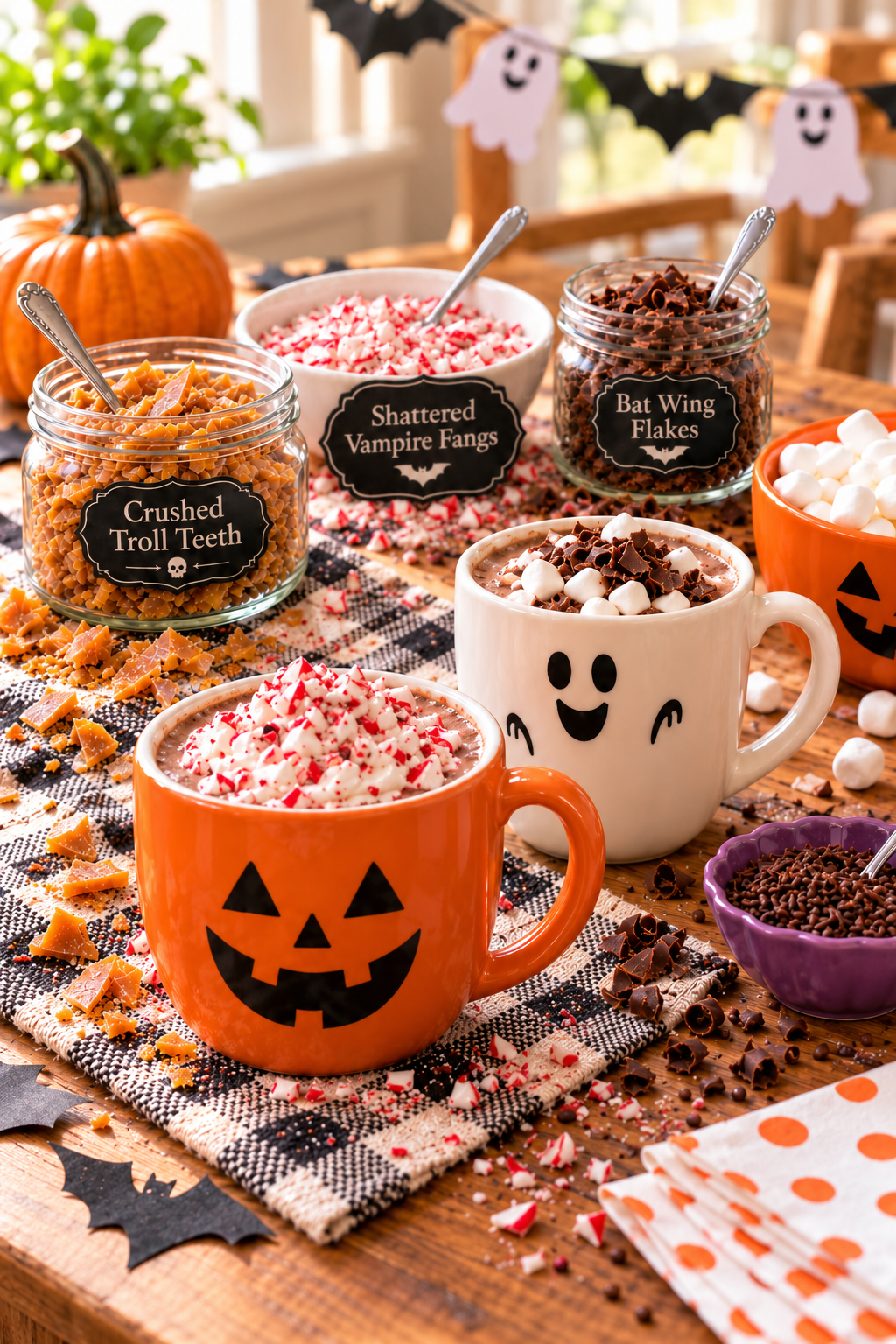 Pumpkin and ghost mugs of hot chocolate beside toffee, peppermint, chocolate shavings, and marshmallows with Halloween labels.