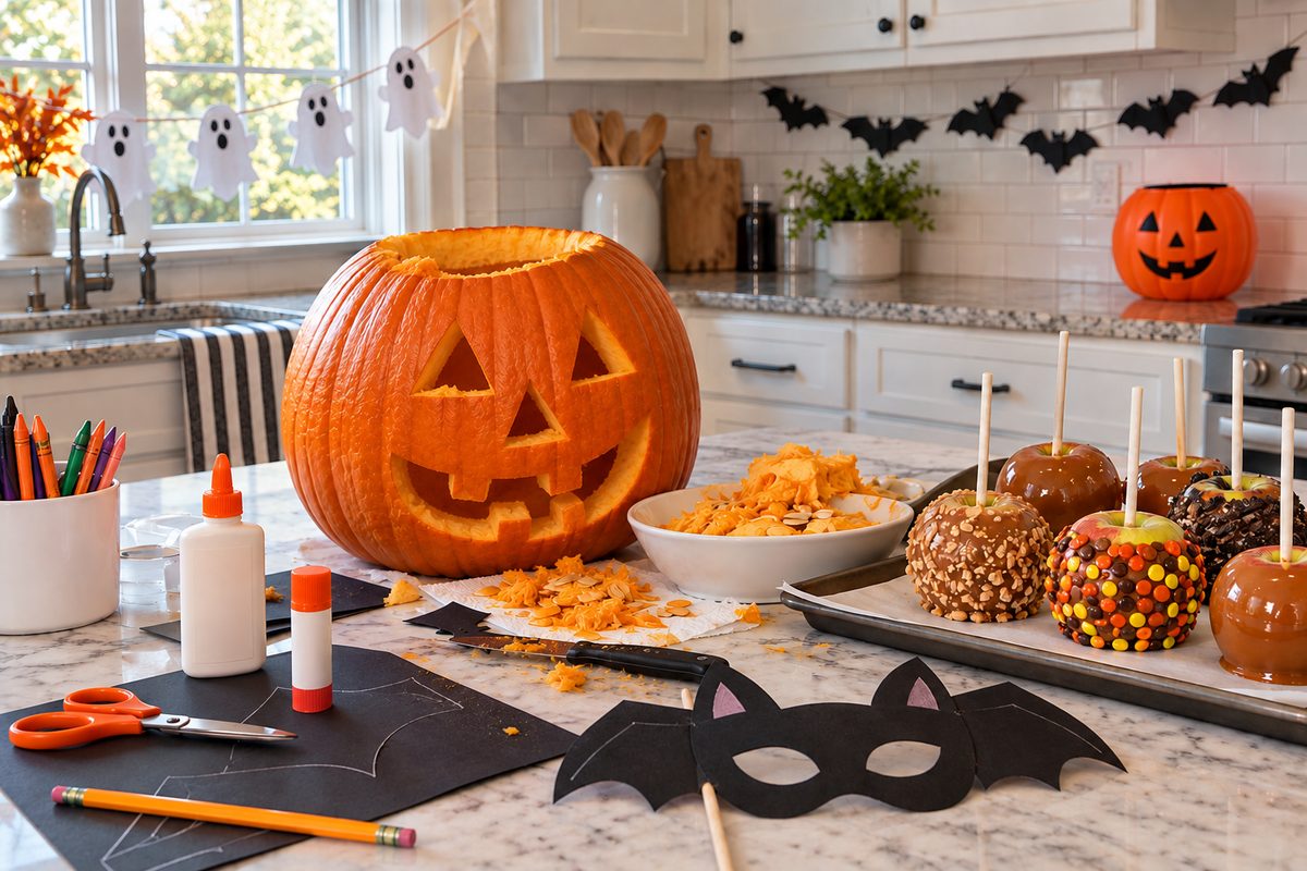 Homemade Halloween decorations and pumpkin carving in a bright kitchen