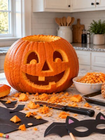 Homemade Halloween decorations and pumpkin carving in a bright kitchen