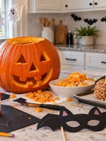 Homemade Halloween decorations, pumpkin carving, and craft supplies in a cozy kitchen