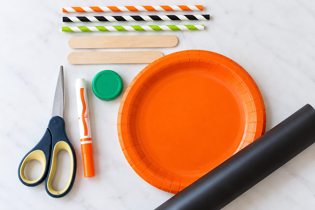Supplies for a paper plate pumpkin mask craft, including an orange paper plate, black vinyl, scissors, striped straws, craft sticks, marker, and bottle cap.