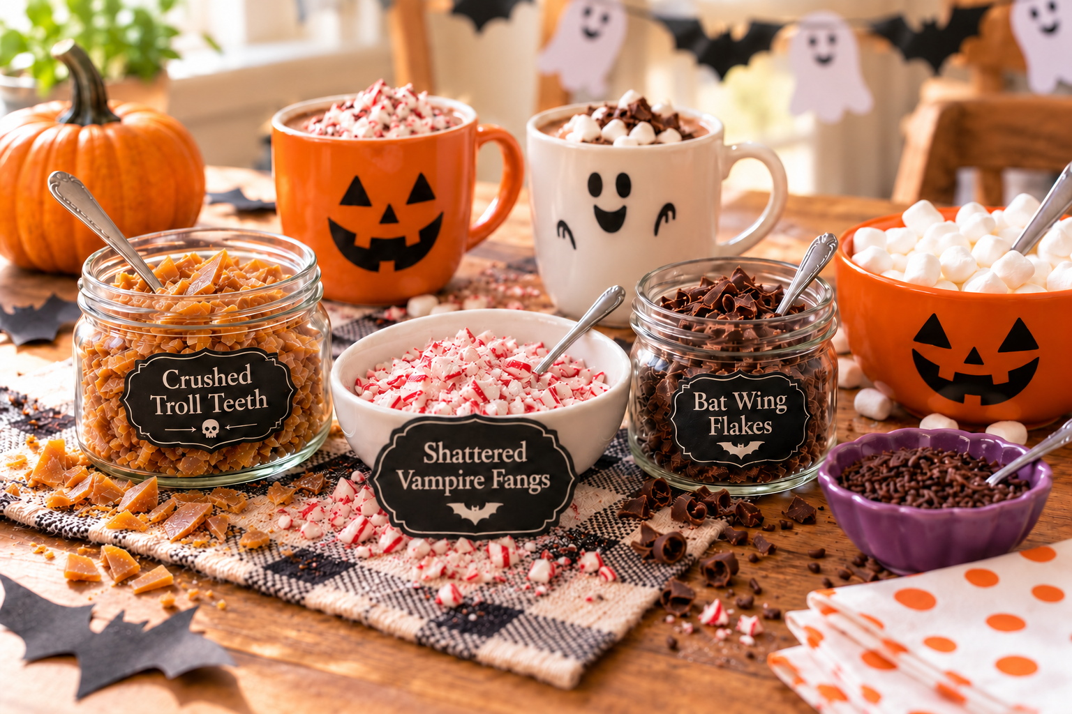 Toffee bits, crushed peppermint, and chocolate shavings with spooky labels at a kids Halloween hot chocolate bar.